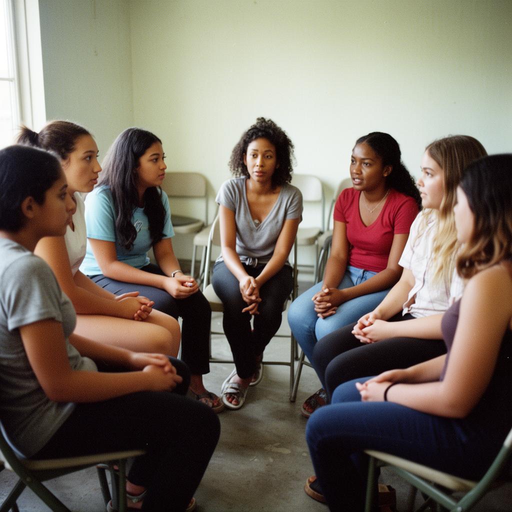 A circle of girls and women laughing together in natural light