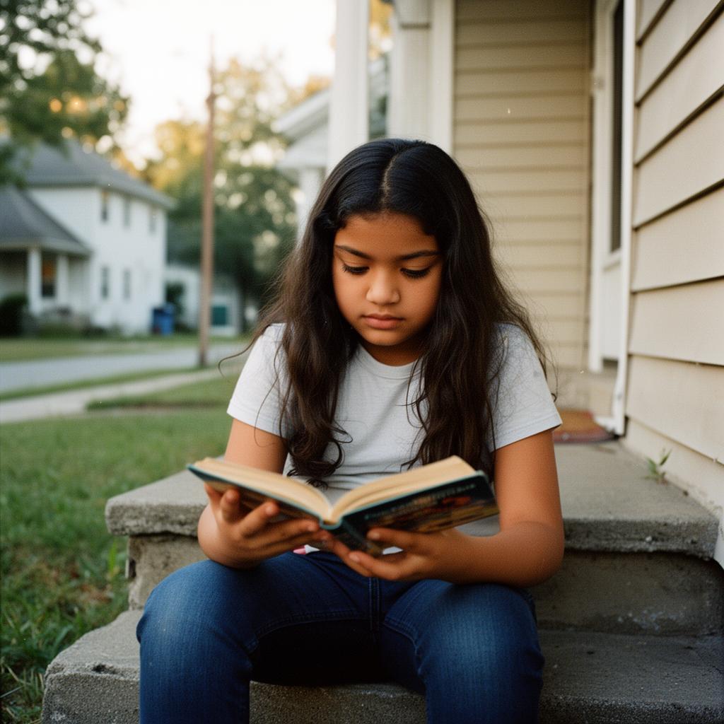 A young Latina girl reading a book in soft afternoon window light