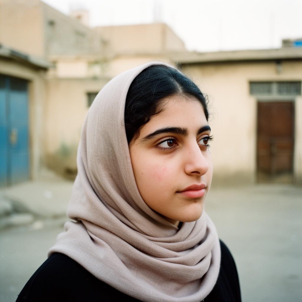 A young woman in a soft scarf, lit by warm window light, looking calmly into the camera