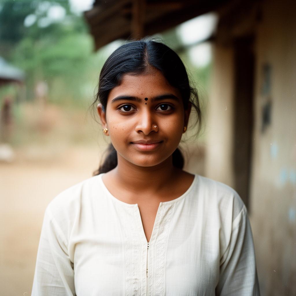 A young South Asian woman in golden hour light, looking forward with a faint smile