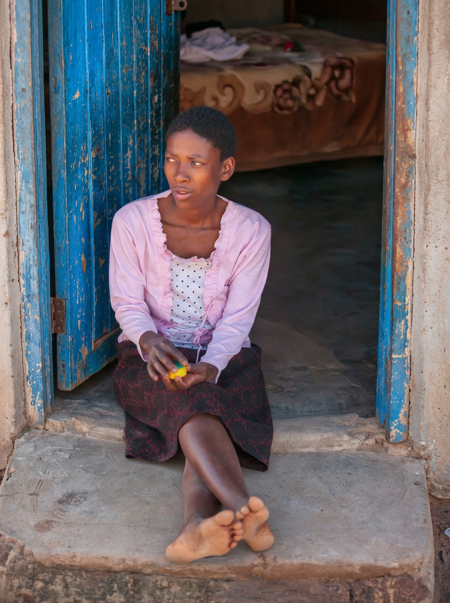 Girl seated in blue doorway