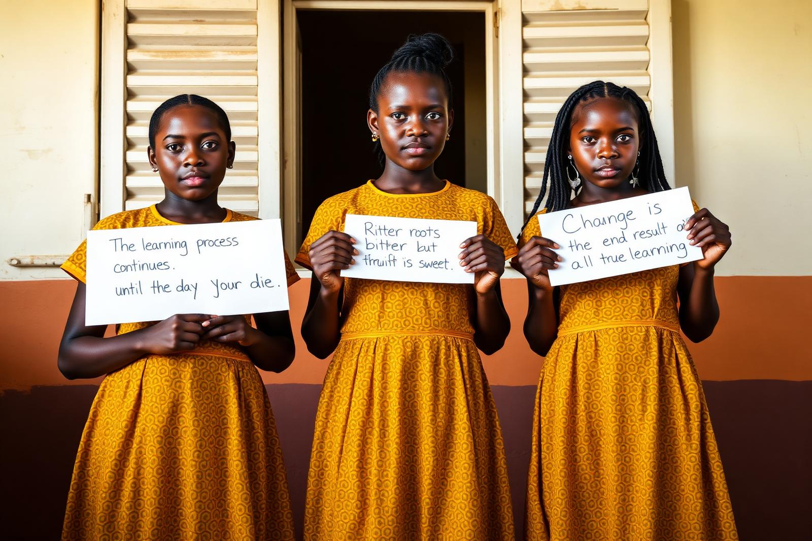 Three girls holding handwritten education signs